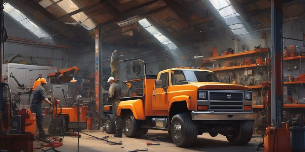 truck repair shop with mechanics working