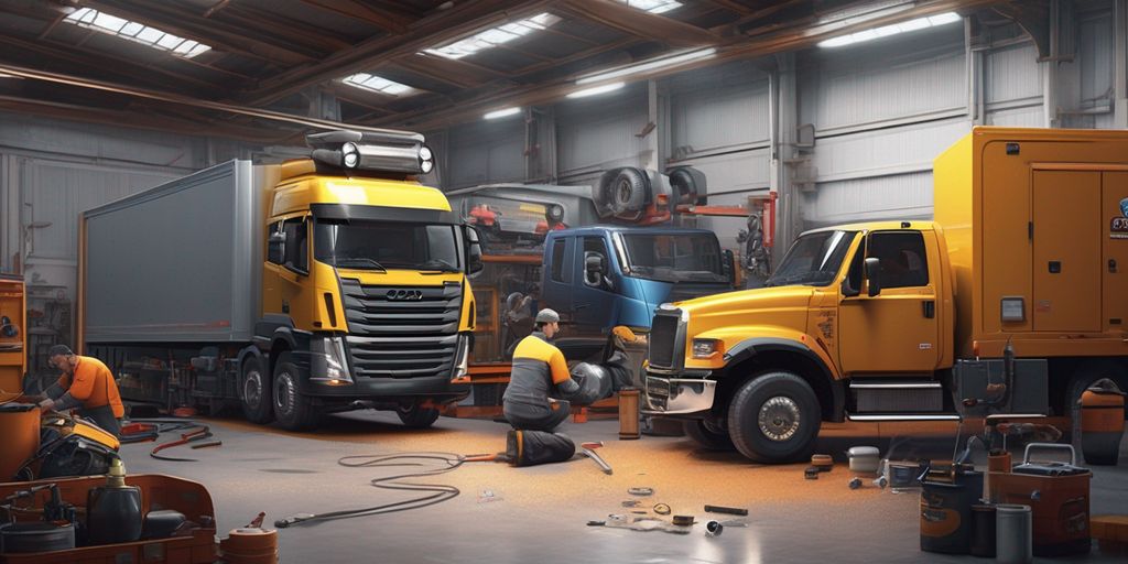 truck workshop with mechanics working