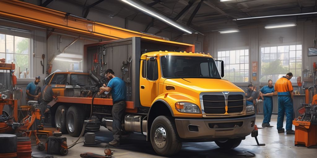 truck repair shop with mechanics working