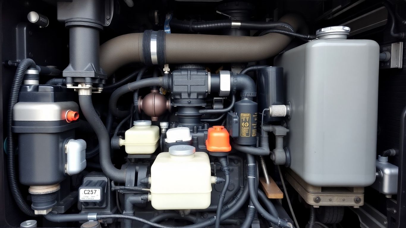 Inspeção de caminhão pesado com motor detalhado.