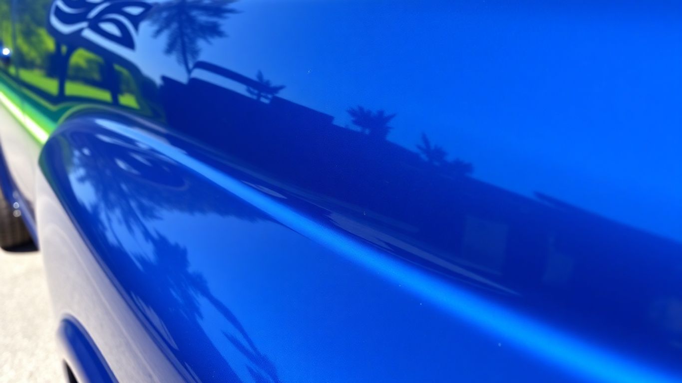 Caminhão com pintura vitrificada brilhante e refletiva.