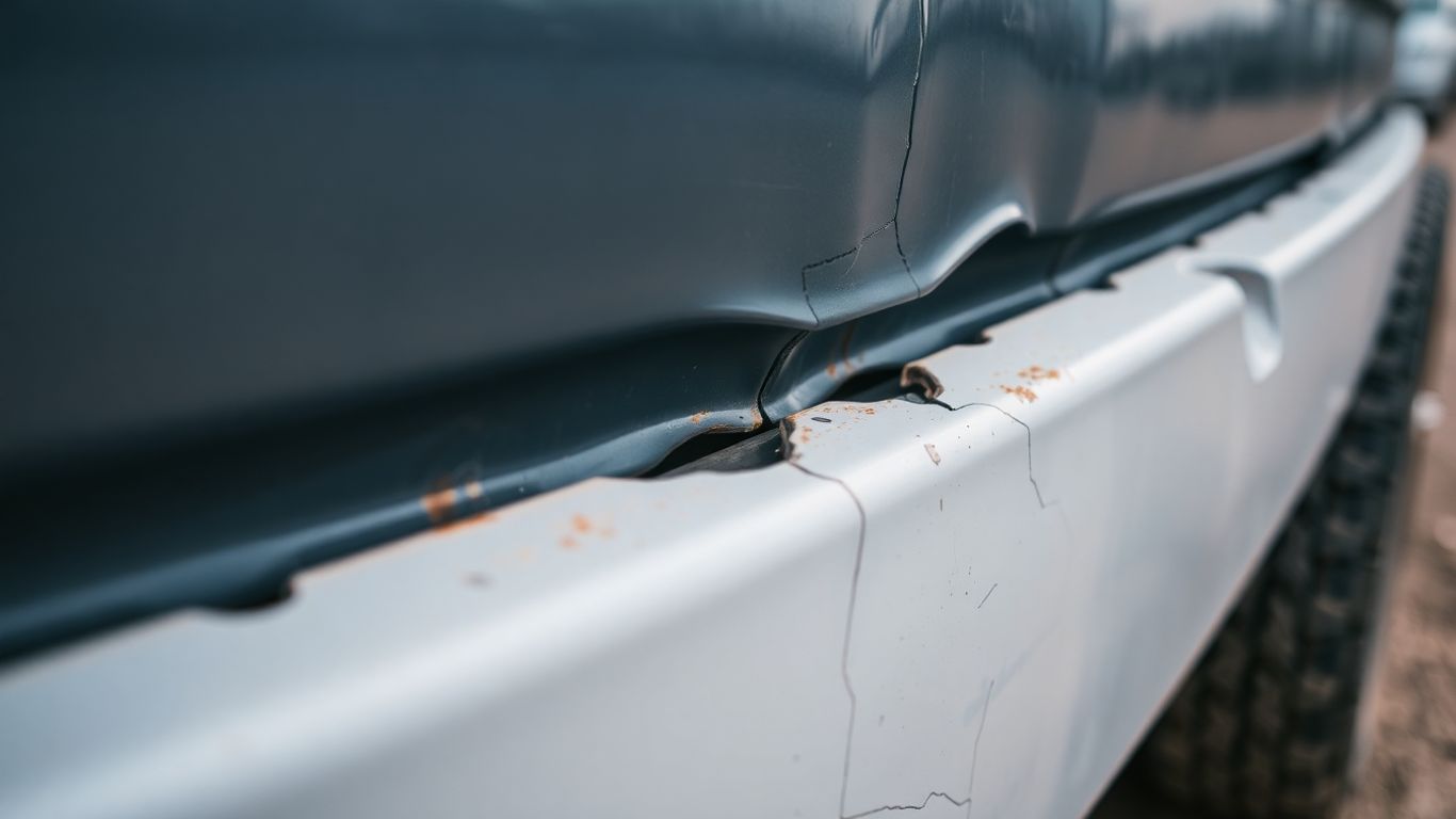 Para-choque de caminhão danificado com marcas de impacto.