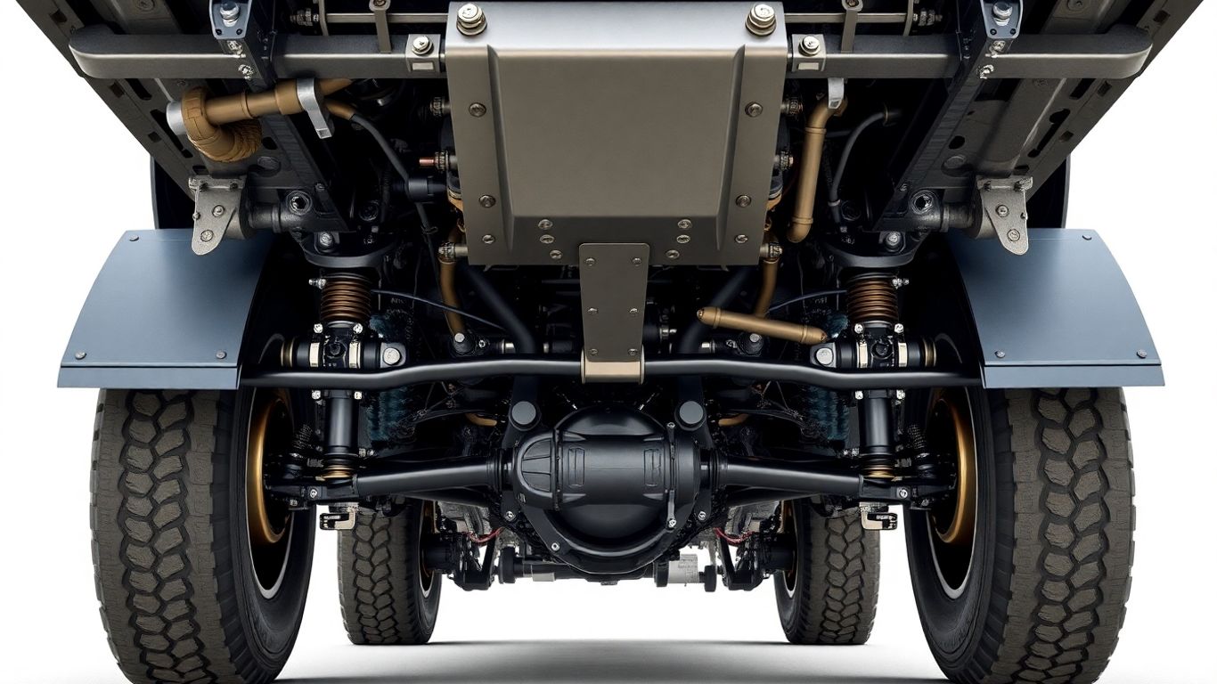 Alinhamento de chassi de caminhão com foco em componentes.