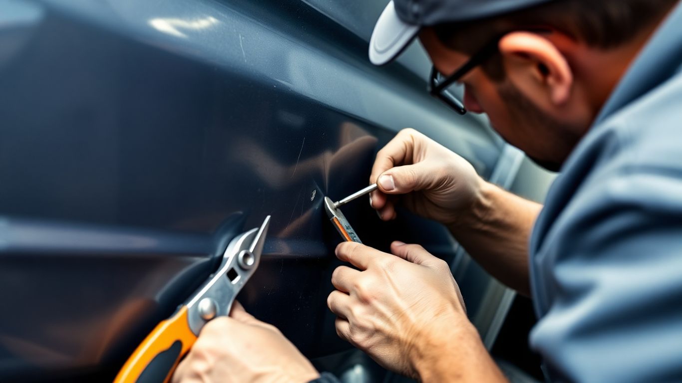 Mecânico consertando amassado em caminhão.