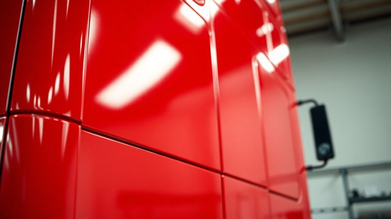 Pintura brilhante em cabine de caminhão, detalhes e acabamento.