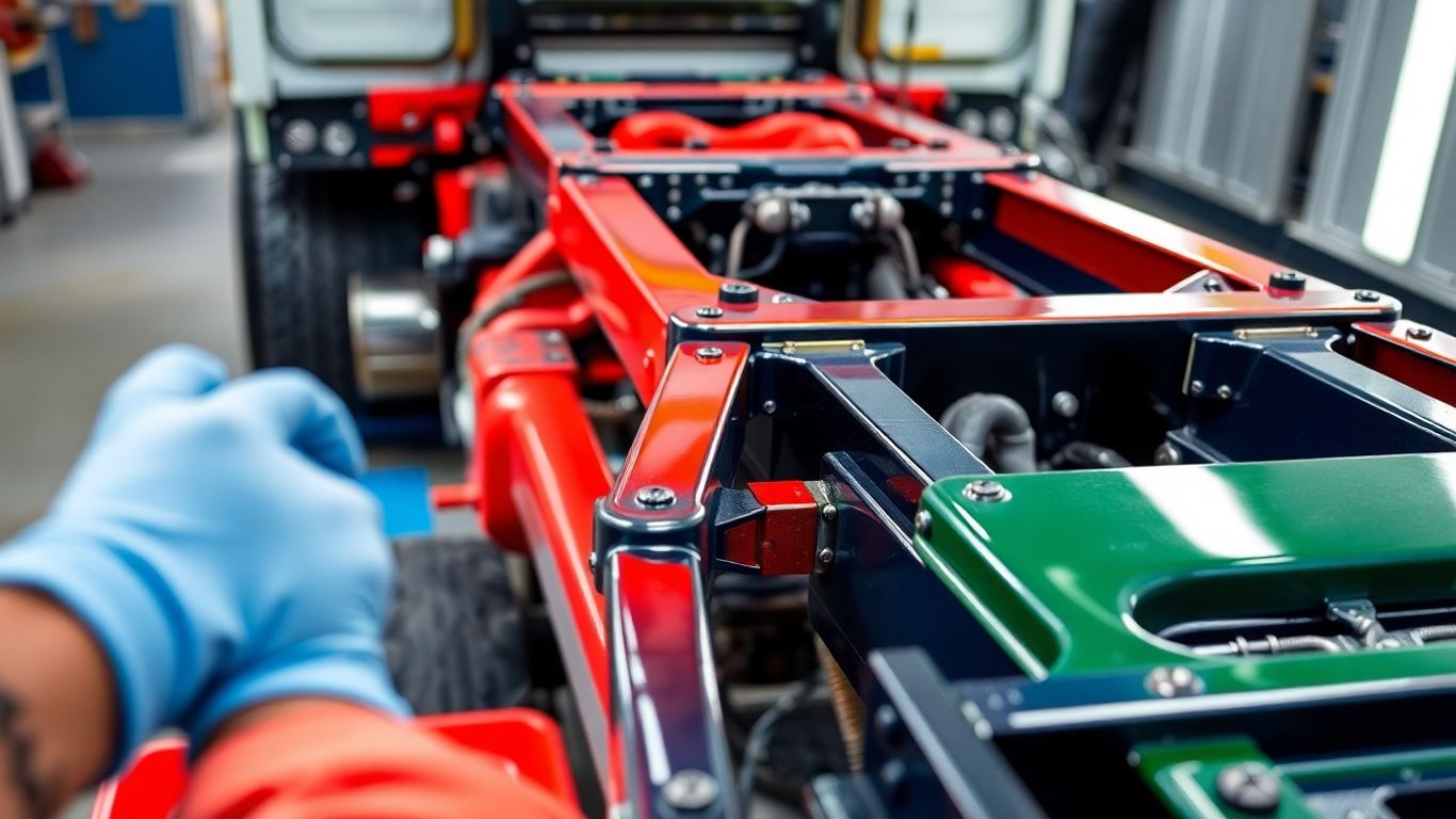 Pintura de chassi de caminhão brilhante e detalhada.